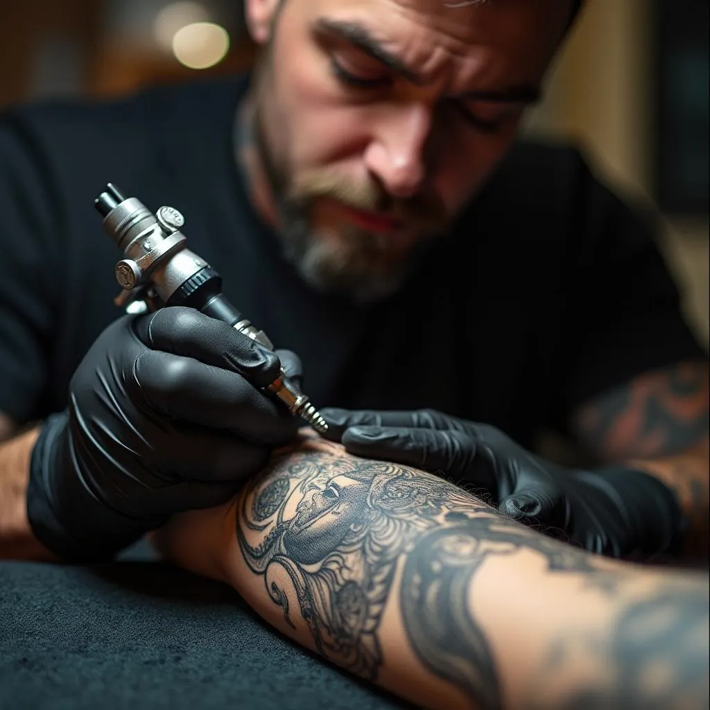 Artista realizando un tatuaje